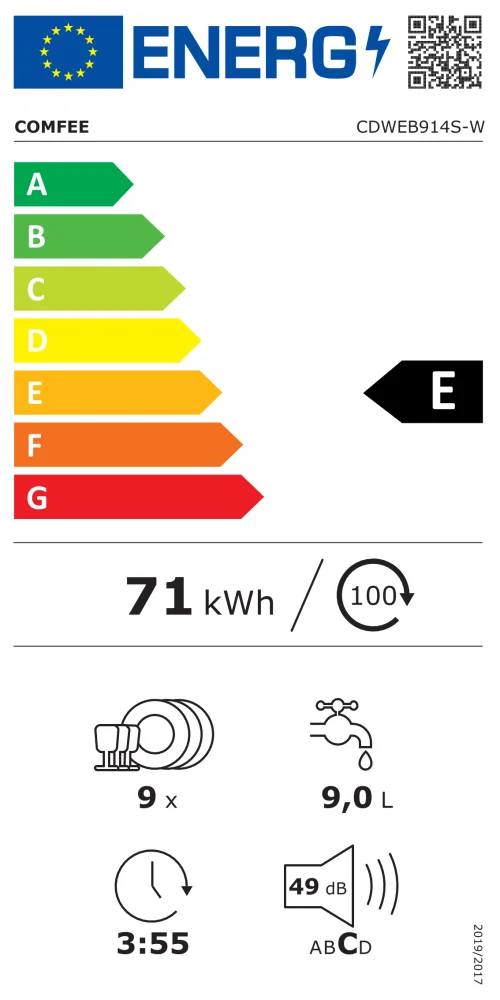 Comfee Ugradna mašina za pranje sudova CDWEB914S-W, 47 dB, 10 kompleta, Bela