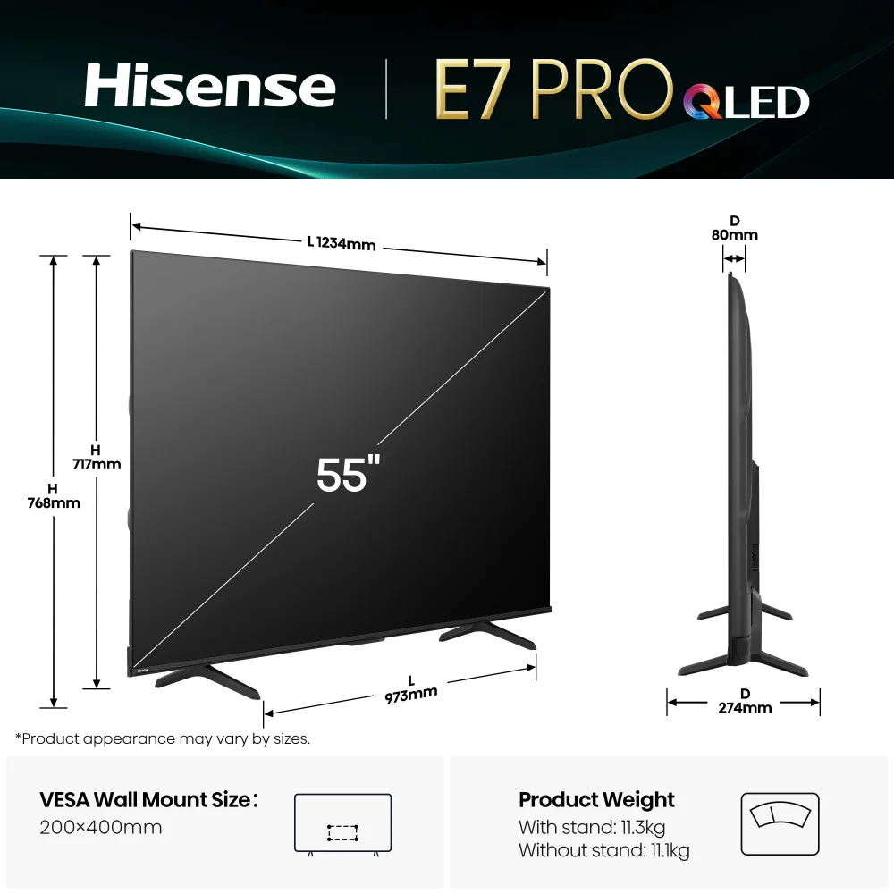 Hisense Televizor 55E7Q PRO 55", QLED, 4K UHD, 144 Hz, Smart ,  Vidaa U OS, Crni
