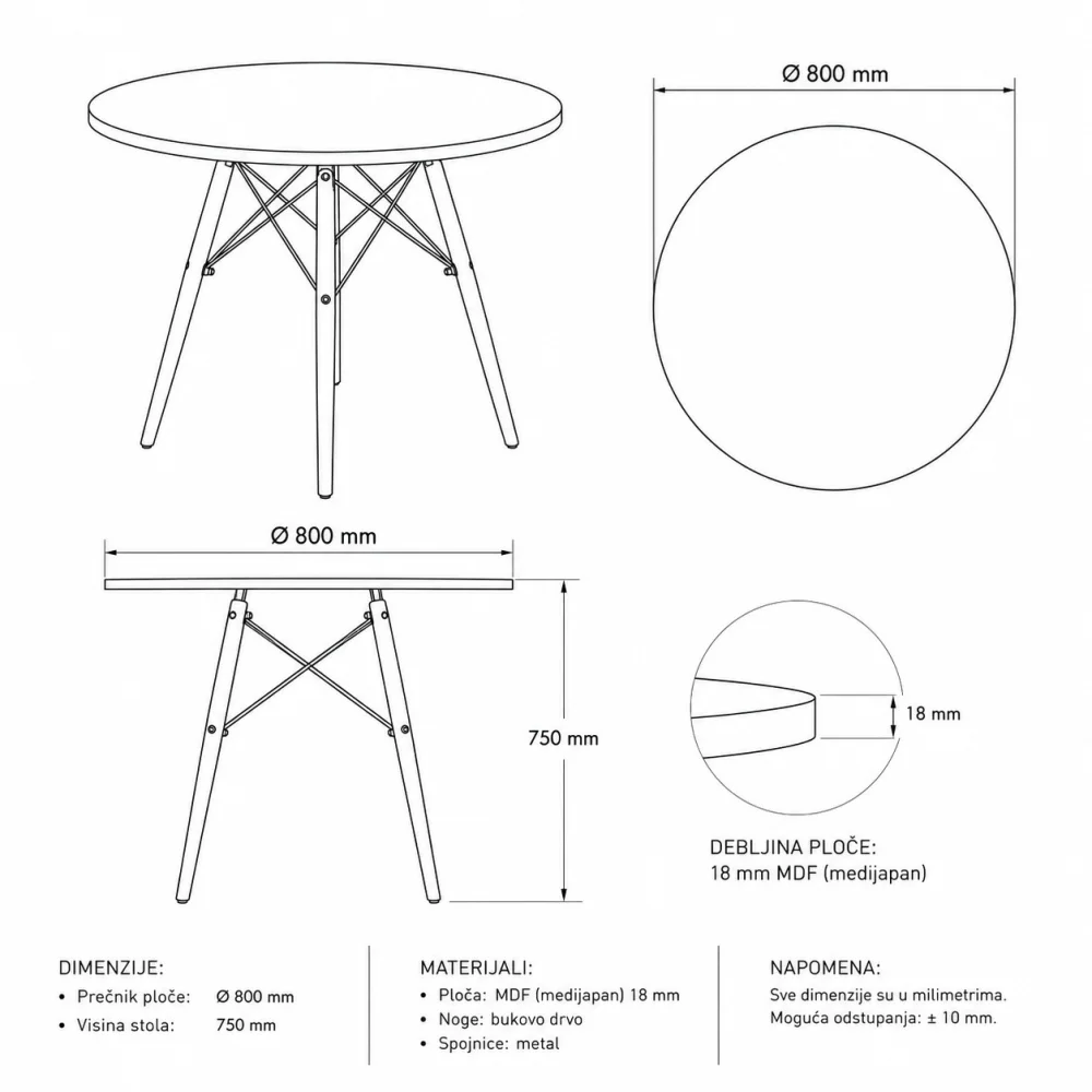 Modul Trpezarijski sto Rondo 80, Beli