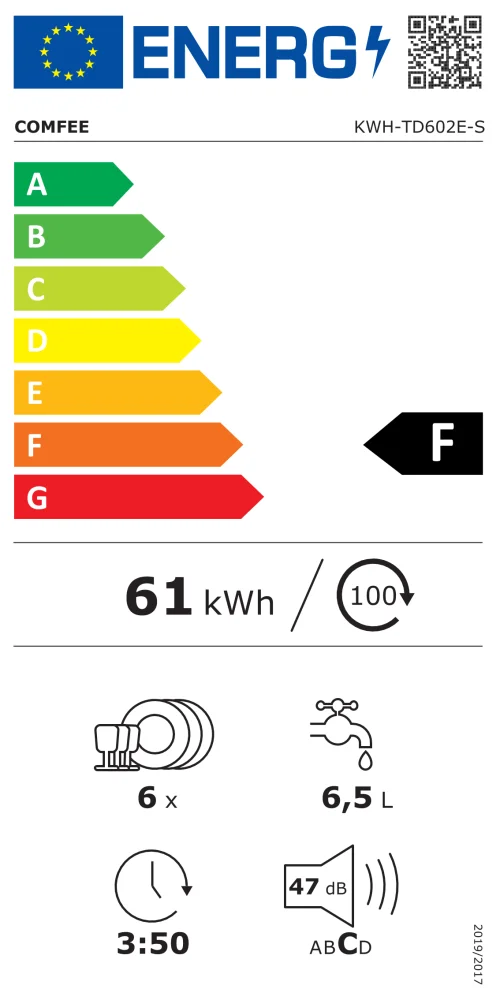 Comfee Mašina za pranje sudova KWH-TD602E-S, 47 dB, 6 kompleta, Siva