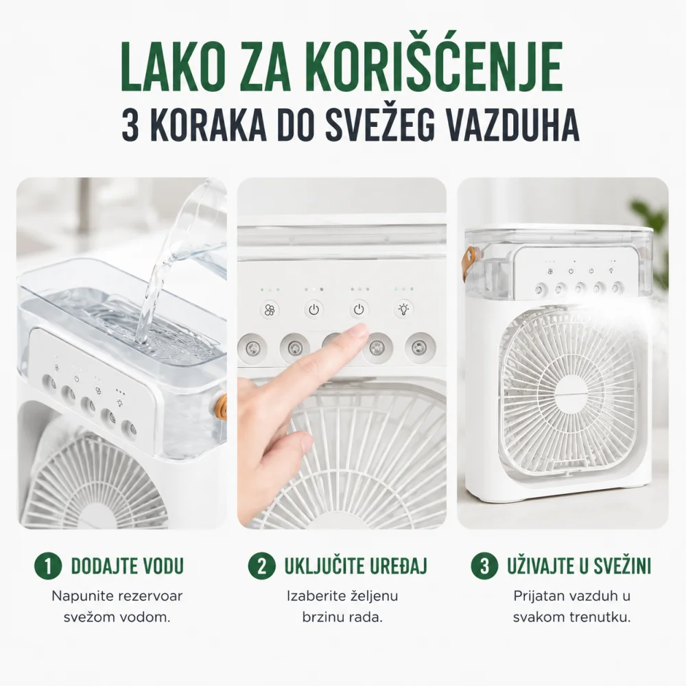 Prenosivi mini ventilator, klima ovlaživač vazduha 3 u 1