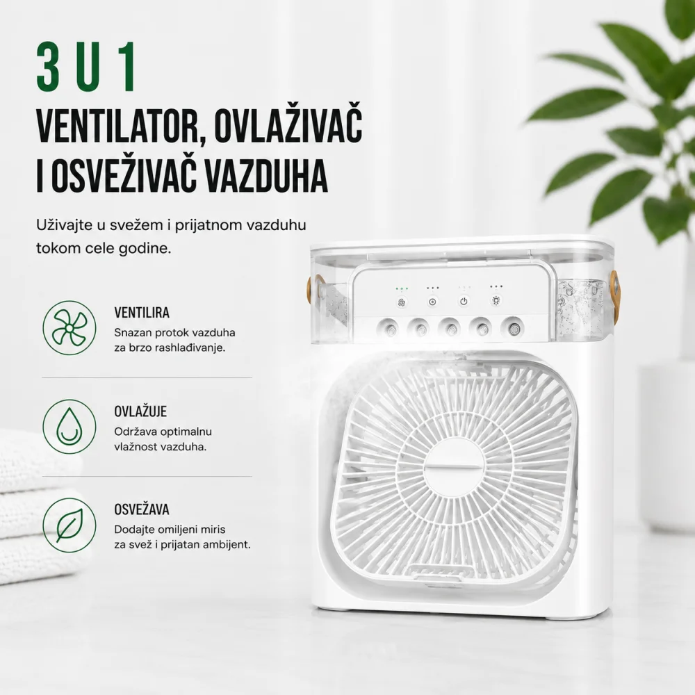 Prenosivi mini ventilator, klima ovlaživač vazduha 3 u 1