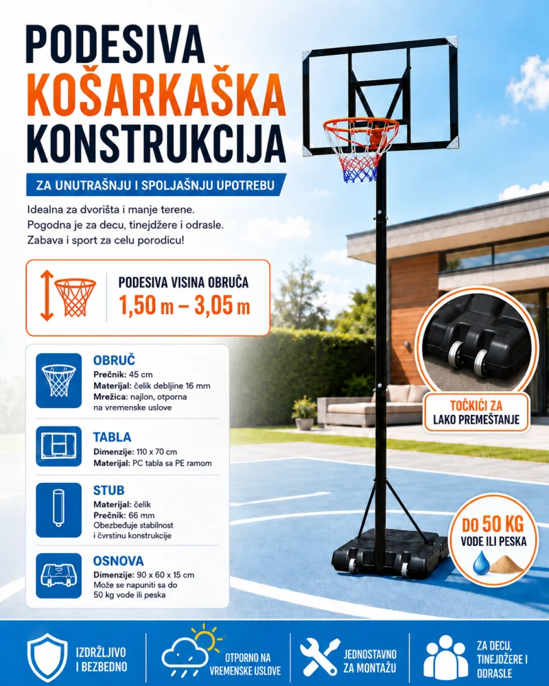 Mobilni košarkaški koš sa podesivom visinom 150-305cm - Standard Hoop