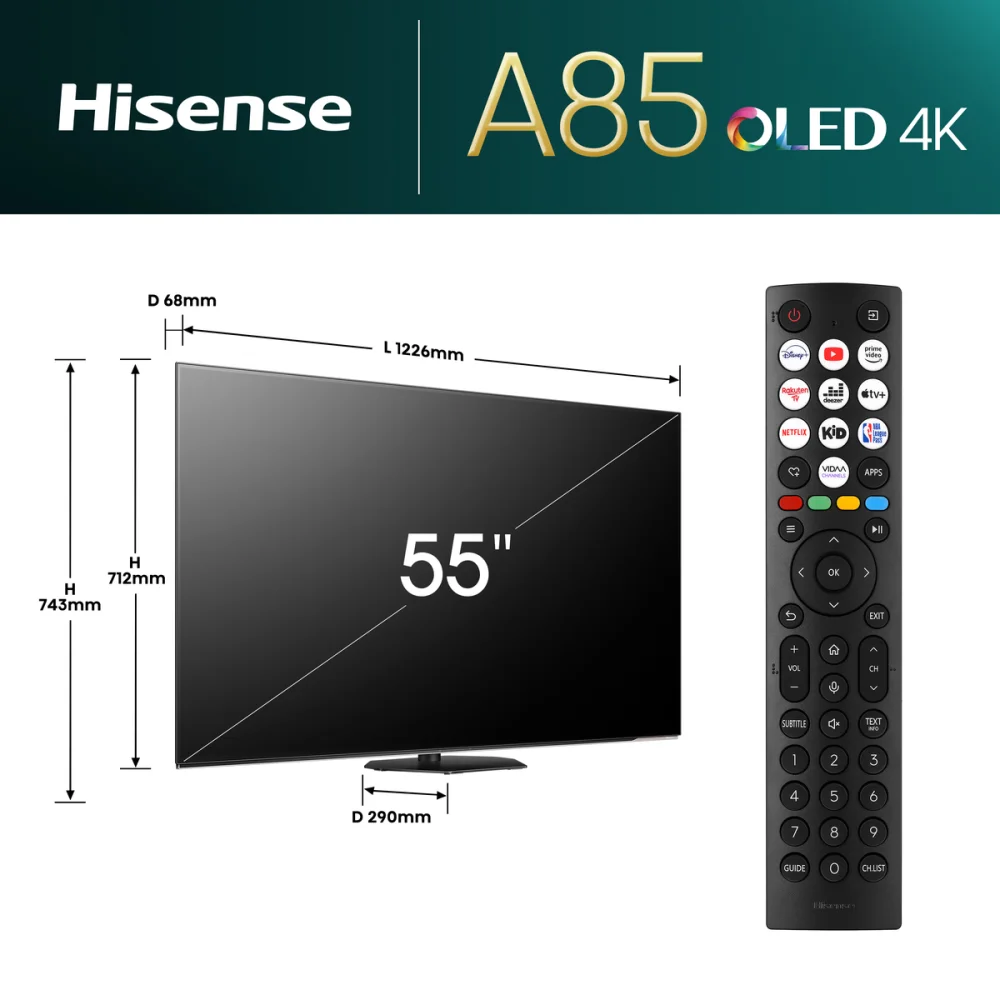 Hisense Televizor 55A85Q 55", OLED, 4K UHD, 120 Hz, Smart, VIDAA OS, Crni