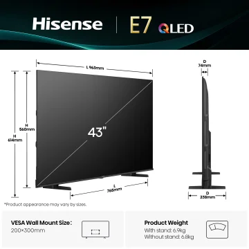 Hisense Televizor 43E7Q, 43", QLED, 4K, UHD, Smart TV, Crni