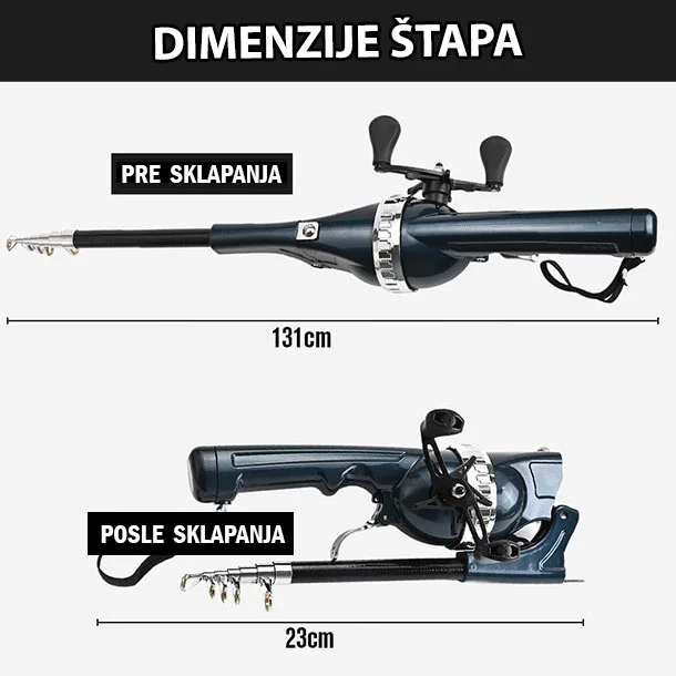 Profesionalni sklopivi štap za pecanje i set udica i varalica, Crni
