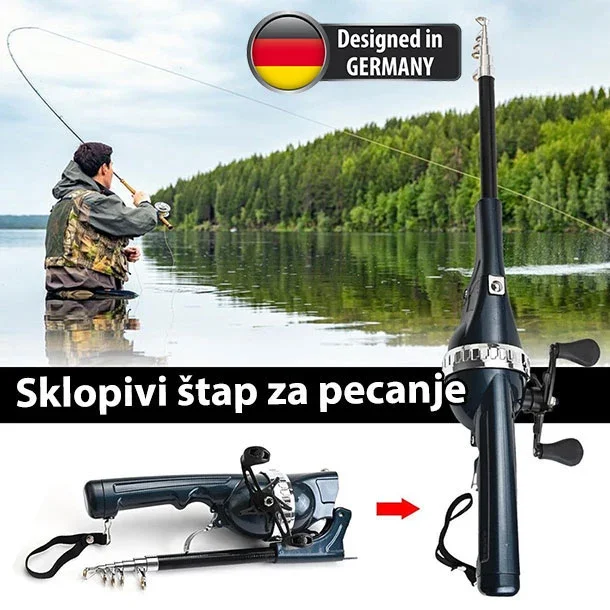 Profesionalni sklopivi štap za pecanje i set udica i varalica, Crni