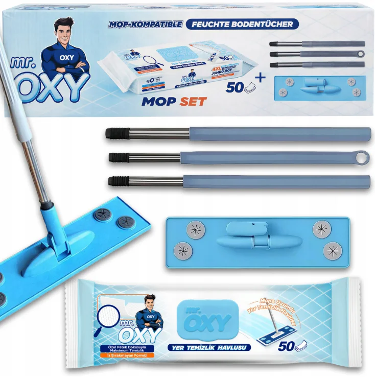 Mr.Oxy Komplet za brisanje poda, Drška +Vlažne maramice, 50 kom