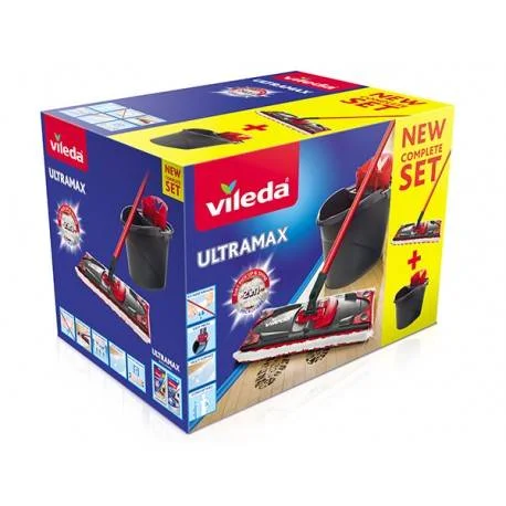 Vileda Set za čišćenje podova Ultramax Box, Mop + Drška + Kanta sa cediljkom, Crveno-crni