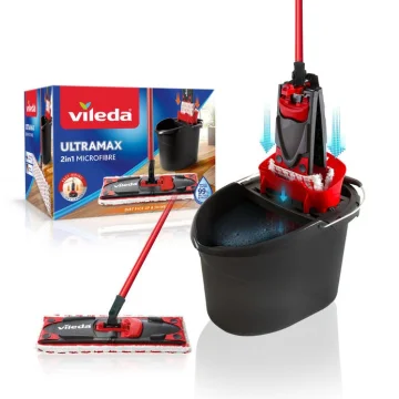 Vileda Set za čišćenje podova Ultramax Box, Mop + Drška + Kanta sa cediljkom, Crveno-crni