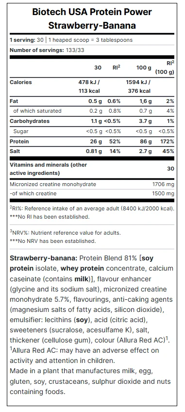 BioTechUSA Miks više vrsta proteina i kreatina Protein Power, Jagoda-Banana, 4kg
