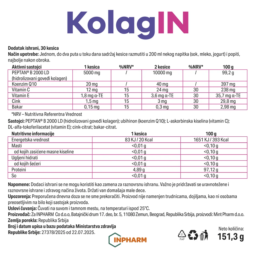 KolagIN, Inpharm,  kolagen, 30 kesica
