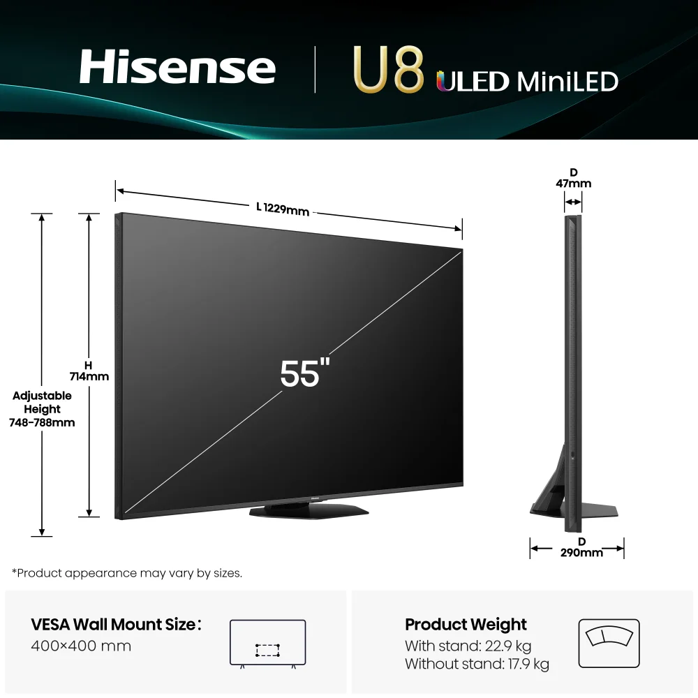 Hisense Televizor 55U8Q 55", MiniLED, 4K UHD, 165 Hz, Smart, Vidaa, Crni